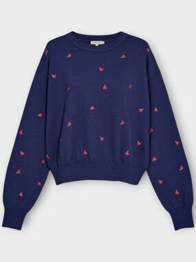 NWOT Urban Weekend Cherry Sweater Women’s Medium Navy Blue Embroidered Crewneck
